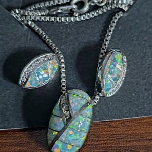 925 Sterling with Opal Necklace and Earring Set.